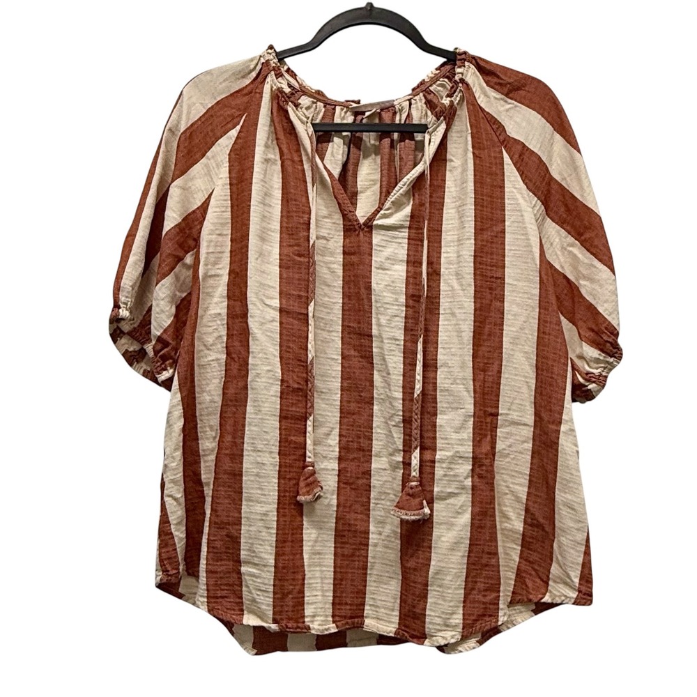 Knox Rose Women Rust Cream Striped Boho Tassel Peasant Blouse Top Medium